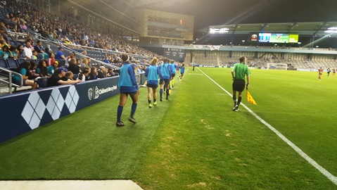 Soccer action from Saturday night’s women’s professional soccer match with FC Kansas City against Western New York Flash at Children’s Mercy Park in Kansas City, Kan. It was the season opener for FC Kansas City (in blue).  Western New York won, 1-0. Attendance was 8,022. (Photo by William Crum)