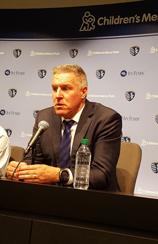 Sporting KC Manager Peter Vermes answered questions after the 2-1 loss Saturday night to Real Salt Lake at Children's Mercy Park, Kansas City, Kan. (Photo by William Crum)