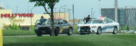 The area around the Hollywood Casino at Kansas Speedway was a crime scene today, with officers stationed at various roads around it after a police detective was shot. (Staff photo)