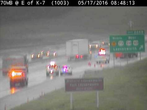 A truck overturned about 8:24 a.m. May 17 on I-70 westbound near K-7, according to KC Scout. The right lane was closed. (KC Scout photo)