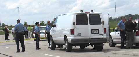 Police gathered outside the Hollywood Casino at Kansas Speedway today to investigate the shooting of a police detective. (Staff photo)