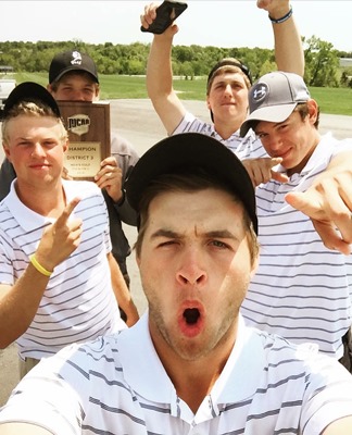 KCKCC’s golf team had a right to whoop it up after winning the NJCAA Division II Region VI golf championship and a berth in the national tournament. Team members are, front, Zach Spencer, second row, from left, Colton Allen and Jeremy Dunham; and back row, Matt Thayne and Dalton Ayres. (Photo from KCKCC) 