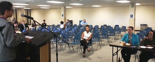 Area high school youth participated in impromptu debates on current issues and competed for almost $1,000 in scholarships recently at the Senator Haley Youth Policy Debates held at Kansas City Kansas Community College Performing Arts Center. (Submitted photo) 