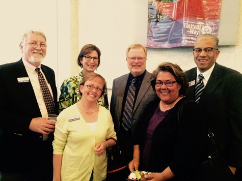 George Noonan and Karole Bradford of Duchesne Clinic, Cathy Harding, chief executive officer of  Wyandotte Health Foundation, Randy Nyp, UWWC board member and chief executive officer of Providence Medical Center, Irene Caudillo, chief executive officer of El Centro Inc., and Kansas City, Kan., Public Schools board member, and Lacy Ward Jr., Foundation director, KCKCC. (Photo from United Way of Wyandotte County)