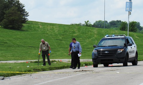 Police gathered outside the Hollywood Casino at Kansas Speedway today to investigate the shooting of a police detective. (Staff photo)