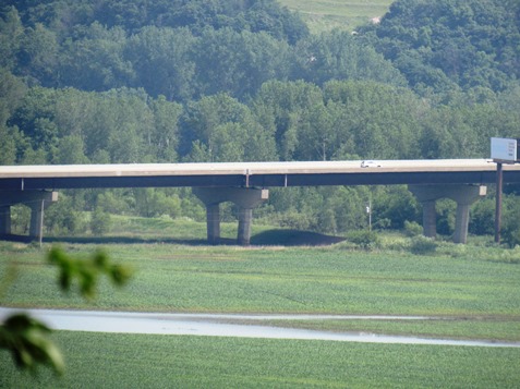 A view of I-435 from alongside the road at Wyandotte County Lake Park. The Missouri River is past I-435. 