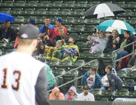 It rained during most of the T-Bones' season opener Thursday night at CommunityAmerica Ballpark, Kansas City, Kan. 