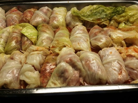 Three hundred eighty pounds of ground beef and 200 pounds of cabbage go into making 2,700 cabbage rolls, or golambki, for Polski Day on Saturday, May 7. (Photos by Kathy Hanis) 