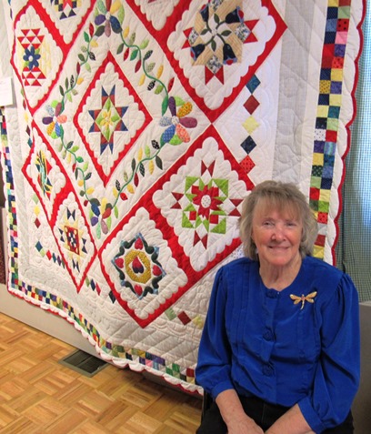 Kay Felix also was at the show with Hazel’s Diary Quilt, a 12-block 1950s-style quilt that she hand-quilted. (Staff photo by Mary Rupert)