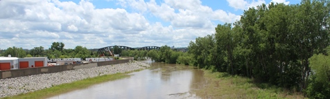 Looking south on the Kaw River from the James Street Bridge. The Kansas River was in minor flood stage on Saturday.