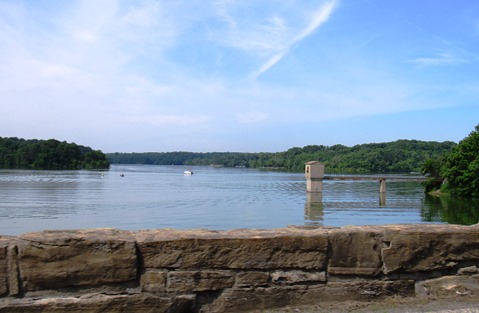 A few boats were out near the spillway area at Wyandotte County Lake on Monday morning.