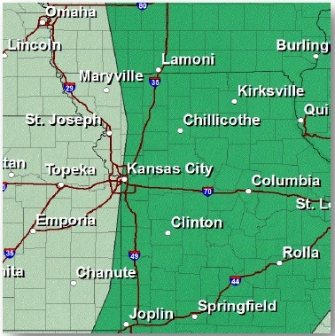 Storms are possible this afternoon, according to the National Weather Service. The area on the left is where storm spotters may be required. (National Weather Service graphic)