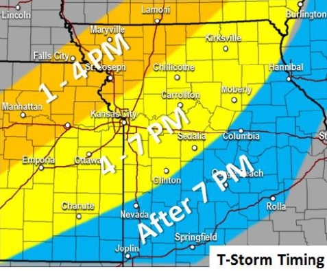 Thunderstorm timing this afternoon. (National Weather Service graphic)