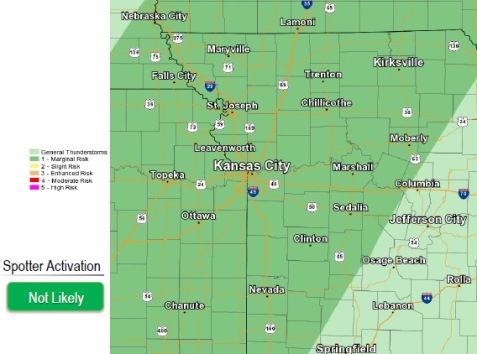 On Tuesday, Wyandotte County is in a marginal risk area for thunderstorms. (National Weather Service graphic)