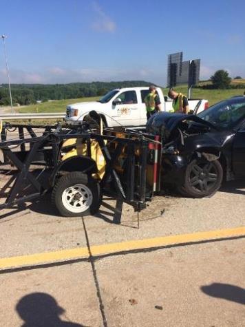 KDOT released this photo of a crash scene at I-435 and Wolcott Drive. A KDOT vehicle in a work zone was in the collision. (KDOT photo)