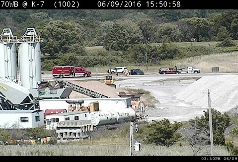 A crash was reported about 3:16 p.m. June 9 at I-70 westbound on the ramp from K-7 in Wyandotte County, according to KC Scout. The left lane was closed. (KC Scout photo)