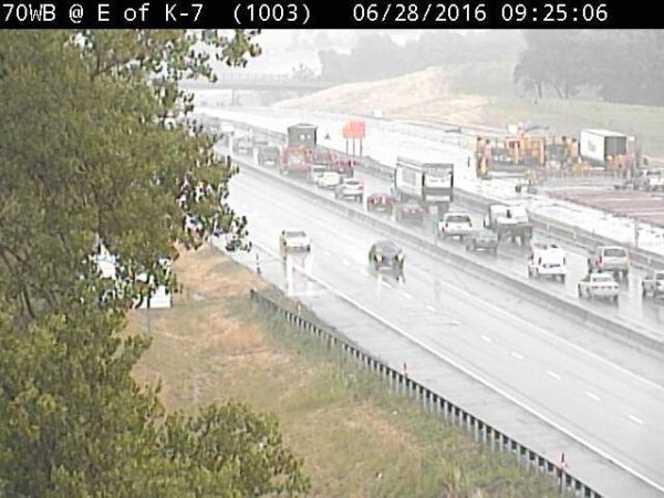 A collision was reported about 9:21 a.m. Tuesday, June 28, on I-70 eastbound near 110th Street, according to KC Scout. The right lane was closed. Traffic on I-70 was baked up. (KC Scout photo)