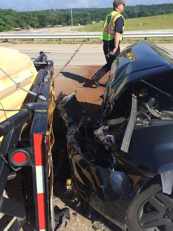 KDOT released this photo of a crash scene at I-435 and Wolcott Drive. A KDOT vehicle in a work zone was in the collision. (KDOT photo)