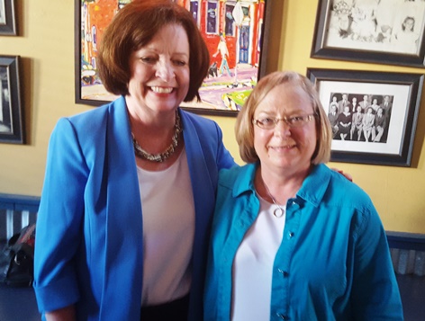 Rep. Kathy Wolfe Moore, D-36th Dist., left, joined Rep. Pam Curtis, D-32nd Dist., at Curtis's campaign event Wednesday evening at Breit's. (Photo by William Crum)