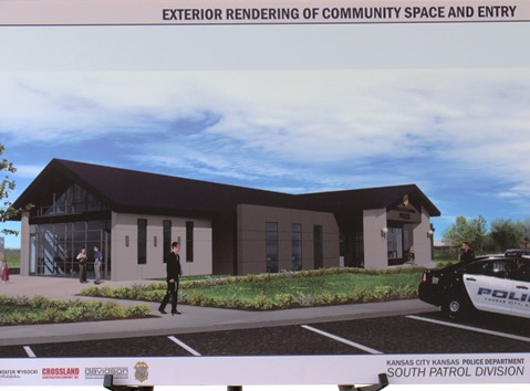 An architect's rendering shows the new South Patrol police station at 21st and Metropolitan Avenue. The architect is Hoefer Wysocki. 