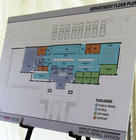 An architect's drawing of the new South Patrol police station showed a large community room area on the left side of the building.