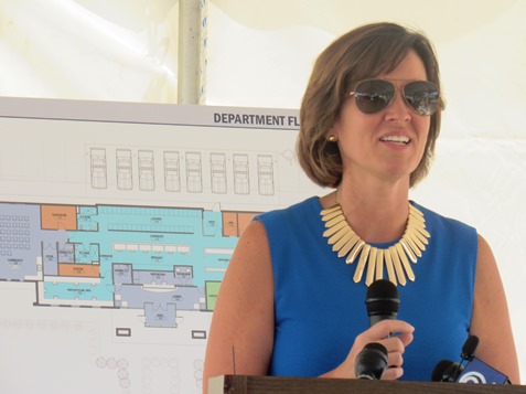 Commissioner Ann Murguia spoke today at the groundbreaking ceremony for a new South Patrol police station at 21st and Metropolitan. (Staff photo)