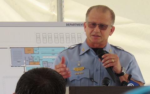 Police Chief Terry Zeigler spoke at today's groundbreaking for the new South Patrol police station at 21st and Metropolitan Avenue. (Staff photo)