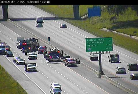 A vehicle fire was reported on I-70 eastbound near 61st Street in Kansas City, Kan., about 3:40 p.m. June 9, according to KC Scout. Two left lanes of I-70 were closed. (KC Scout photo)