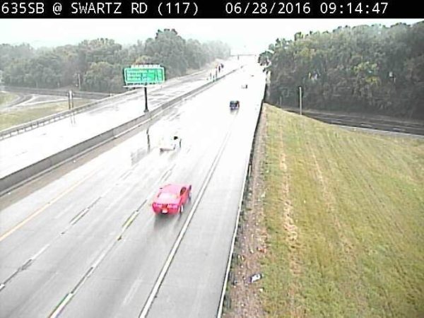 Heavy rain was falling at 9:15 a.m. Tuesday in parts of Wyandotte County, including at I-635 and Swartz Road. (KC Scout photo)