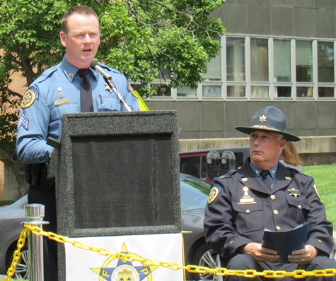 Sgt. David Toland spoke today at the dedication of a memorial to fallen officers of the Wyandotte County Sheriff's Department. (Staff photo)