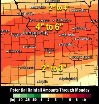 It might be a wet Fourth of July weekend. From four to six inches of rain is possible through Monday, according to the National Weather Service.  (National Weather Service graphic)