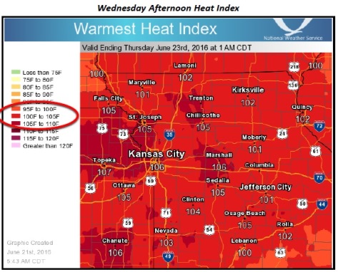 Temperatures on Wednesday could be near 97, with a heat index over 100, according to the National Weather Service. (National Weather Service graphic)