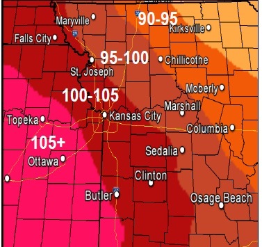 Afternoon heat index today (National Weather Service graphic)