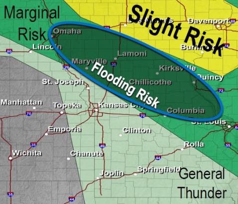 Wyandotte County is in an area for general thunderstorms, but more severe thunderstorms are located to the northeast part of the region. (National Weather Service graphic)