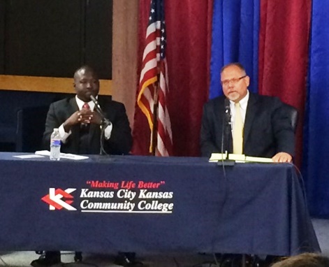 Incumbent District Attorney Jerry Gorman and challenger Mark Dupree participated in an election forum Tuesday night, July 13, at Kansas City Kansas Community College. The forum was sponsored by Business West, other neighborhood business groups, and the college. (Photo by Jeff Bryant)