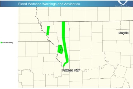 There are flood warnings in some parts of the region. Wyandotte County currently is not in the flood warning area. (National Weather Service graphic)