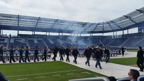 Many law enforcement officers participated in Capt. Robert David Melton's funeral today at Children's Mercy Park in Kansas City, Kan. (Photo from Melissa Bynum)