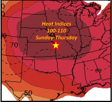 The heat index is expected to rise above 100 degrees from Sunday through Thursday. (National Weather Service graphic)