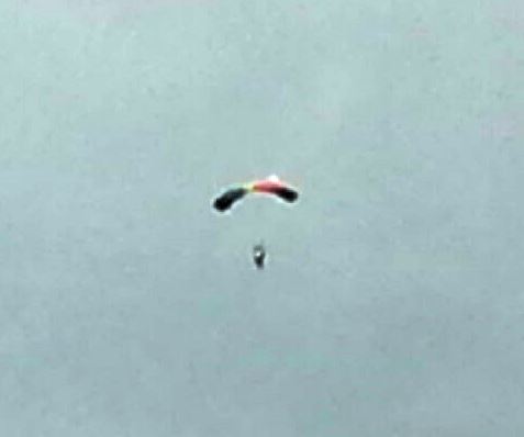 Skydivers parachuted into CommunityAmerica Ballpark for the 7:05 p.m. start of the T-Bones game tonight in Kansas City, Kan. However, the weather did not hold, and the T-Bones game with the Texas AirHogs was suspended because of rain, according to a team spokesman. Kansas City was getting ready to bat in the bottom of the fourth inning, trailing 3-2, when play was stopped, according to the spokesman. This game will be finished at 5:05 p.m. Saturday afternoon, followed by a seven-inning game afterward, the spokesman said. (Photos by Steve Rupert)