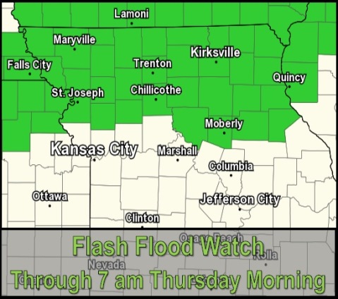 A flash flood watch is in effect through Thursday for an area north of Wyandotte County. (National Weather Service graphic)