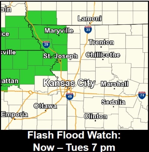 A flash flood watch is in effect to the north of Wyandotte County. (National Weather Service graphic)