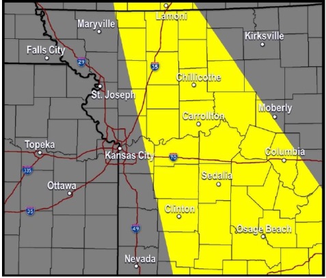 Flash flooding is possible in central Missouri today, to the east of the Kansas City, Kan., area. (National Weather Service graphic)