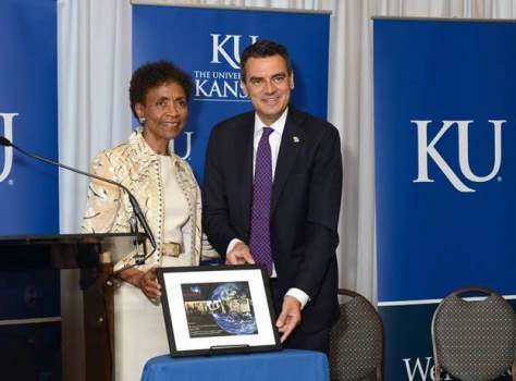 KU Chancellor Bernadette Gray-Little presented Rep. Kevin Yoder with the Champion of Science Award. (Photo from the Science Coalition)