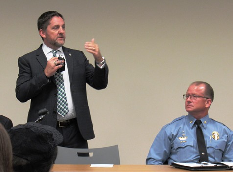 Mayor Mark Holland, left, and Police Chief Terry Zeigler spoke at Tuesday night's Mayor's Clergy Roundtable forum. (Staff photo by Mary Rupert)