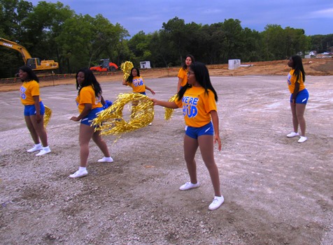 Schlagle cheerleaders and dance squad at the groundbreaking ceremony today for the new Amazon distribution facility in Kansas City, Kan. (Staff photo by Mary Rupert)