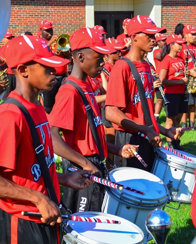 Members of the Wyandotte High School Marching Band drum line participated in a Battle of the Bands with Washington High School following the Leavenworth Road Parade. (Photo by Brian Turrel)