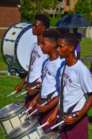 Members of the Washington High School Marching Band drum line participated in a Battle of the Bands with Wyandotte High School following the Leavenworth Road Parade. (Photo by Brian Turrel)