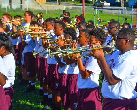 Members of the Washington High School Marching Band participated in a Battle of the Bands with Wyandotte High School following the Leavenworth Road Parade. (Photo by Brian Turrel)