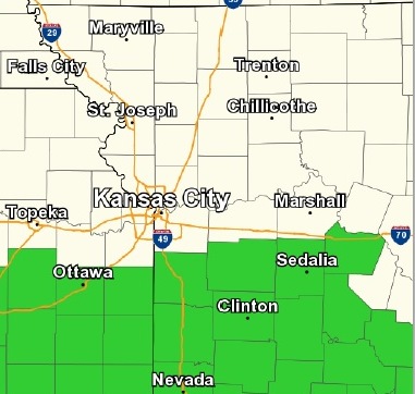 A flash flood watch is in effect for an area to the south of Greater Kansas City. (National Weather Service graphic)