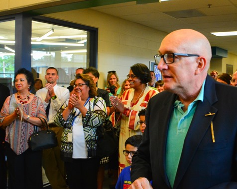 Jay R. Jennings II, great nephew of Frank Rushton, addressed the crowd at the dedication of the new Frank Rushton Elementary School building on Sept. 13.  Jennings talked about the legacy of Frank Rushton in the Kansas City, Kan., School District, and the opportunities for success that are available to students. (Photo by Brian Turrel)